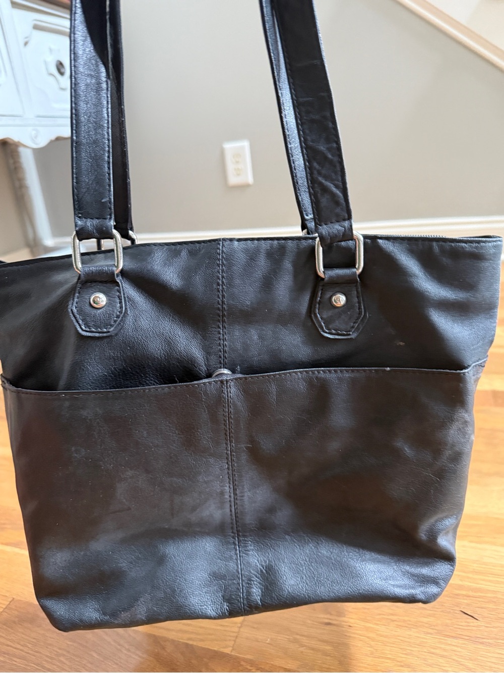Everyday Black Leather Tote with Front Zip Pocket - Picture 3 of 5